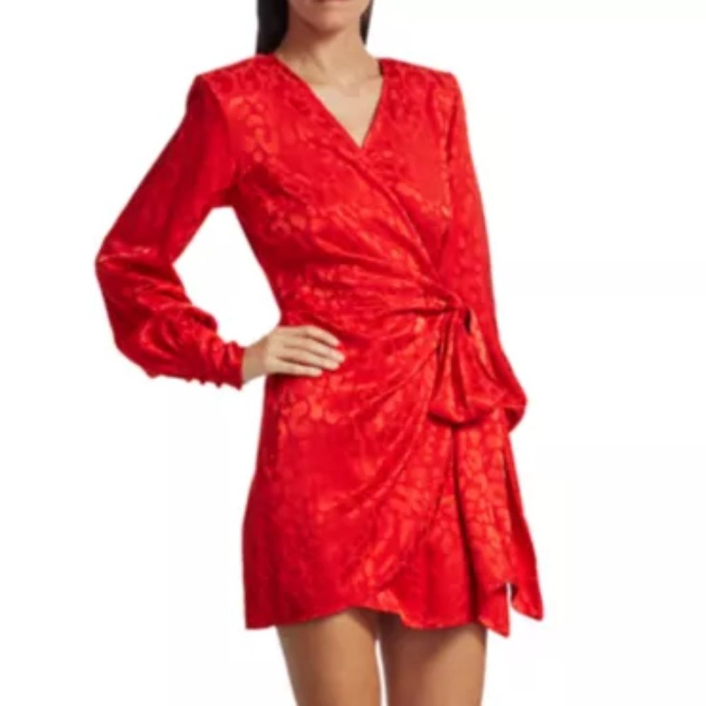 ANDAMANE 'Carly' Side-Bow Leopard Jacquard Print Surplice Wrap Mini Dress, XS